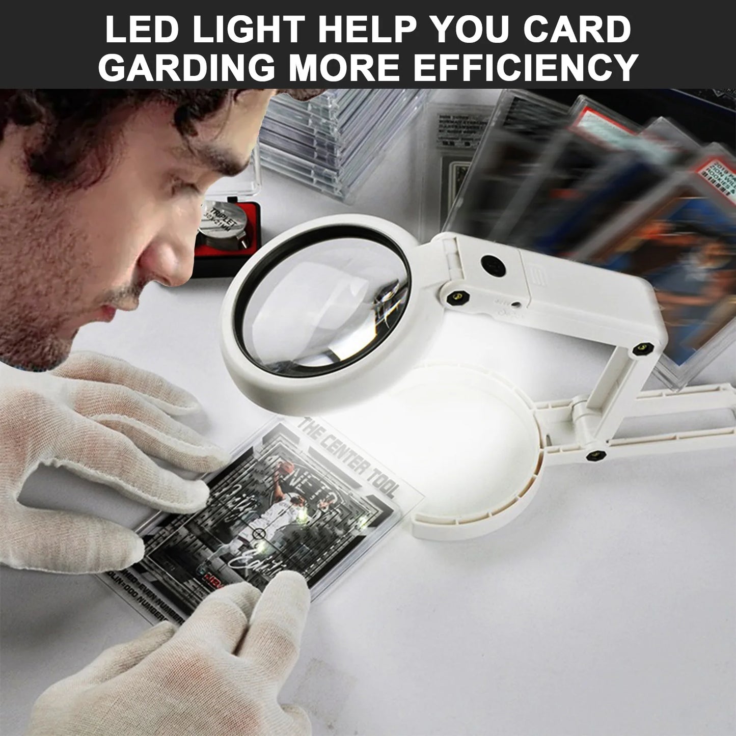 Collection Cards Grading Kit Centering Tool, LED Magnifying Table Lamp, 30X Magnifying Glass, Sports Trading Cards Measuring Set