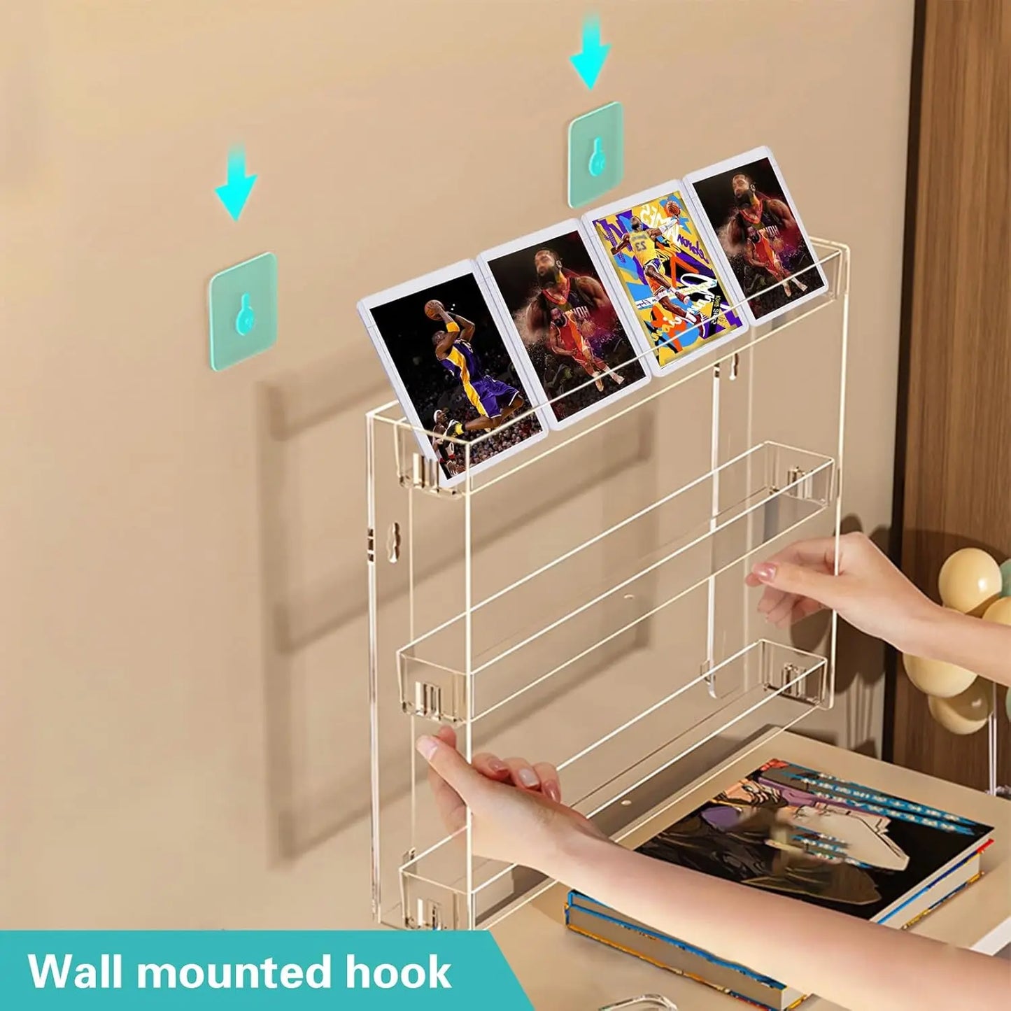 3 Tier Trading Card Display Holder, Wall Mounted Clear Acrylic Removable Floating Storage Shelf for Sport Football Card CD Badge