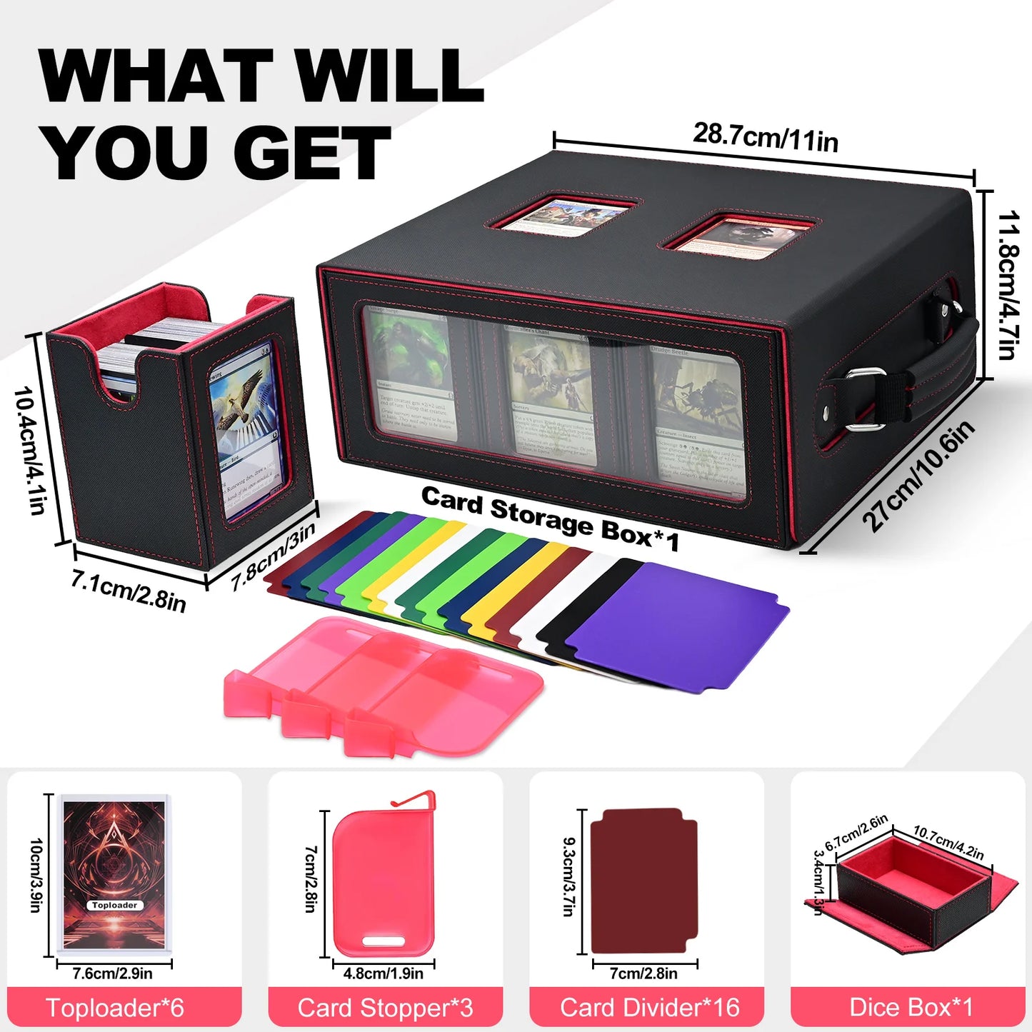 7 in 1 Handle Trading Card Storage Box Commander Deck Box with  for MTG TCG Deck Box with 8 Toploaders 2 Stoppers