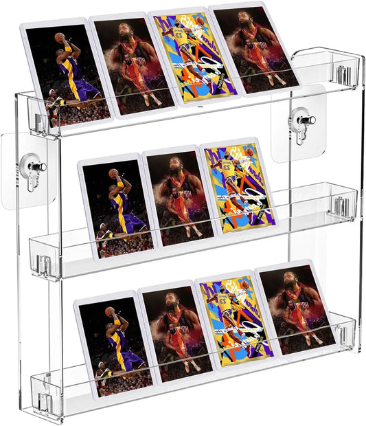 3 Tier Trading Card Display Holder, Wall Mounted Clear Acrylic Removable Floating Storage Shelf for Sport Football Card CD Badge