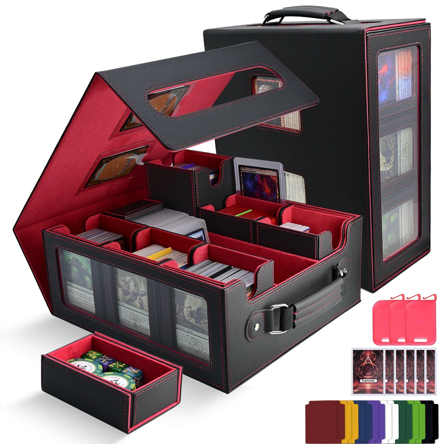 7 in 1 Handle Trading Card Storage Box Commander Deck Box with  for MTG TCG Deck Box with 8 Toploaders 2 Stoppers